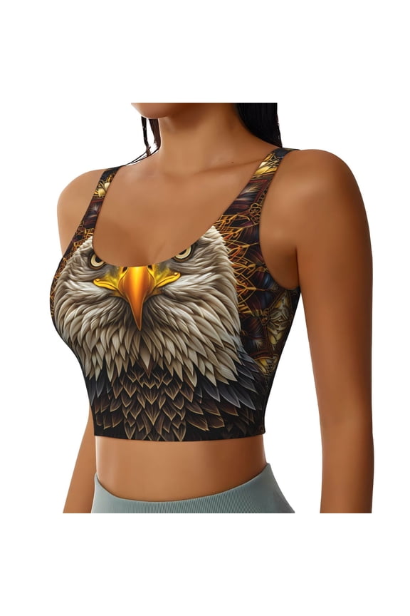 Vintage Pattern Bald Eagle Sports Bra for Women,Padded Strappy Sports Bras Medium Support Yoga Bra with Removable Cups,Running Yoga Bra-X-Large