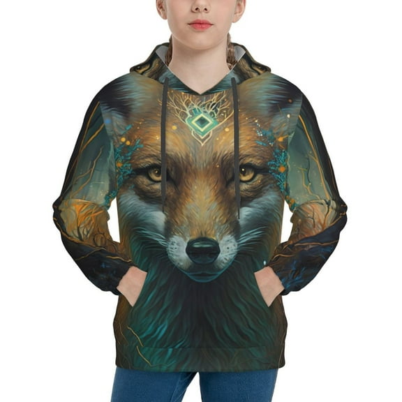 Picia Vintage Pattern Fox Pattern Youth Hoodie - Warm Pullover Sweatshirt with Kangaroo Pocket, Ideal for Boys and Girls-Small