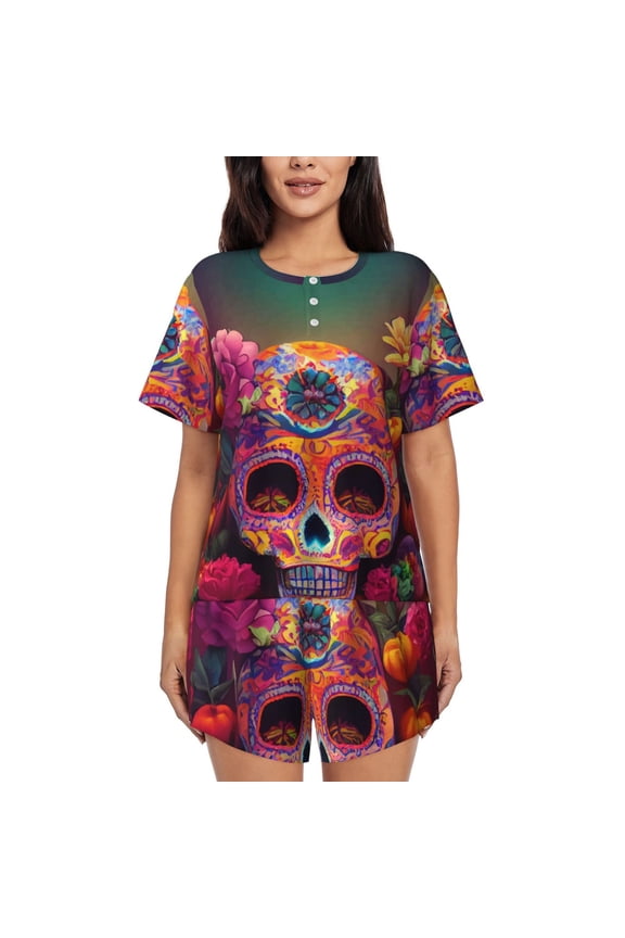 Vintage Patterned Skull Pajamas Sets for Women Soft Short-Sleeved Pjs with Lounge Shorts Two Piece Sleepwear-Large