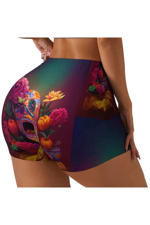 Vintage Patterned Skull Printed Workout Shorts for Women Seamless Scrunch Butt Lifting High Waisted Yoga Gym Booty Running Moisture-wicking Short Pants-Large