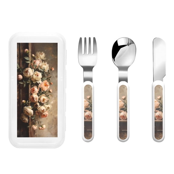 Picia Vintage Peonies Rustic Charm Print Children's Knife, Fork And Spoon Set - Kids Knife Fork Spoon - Stainless Steel Kids Silverware Set - Metal Kids Cutlery Set