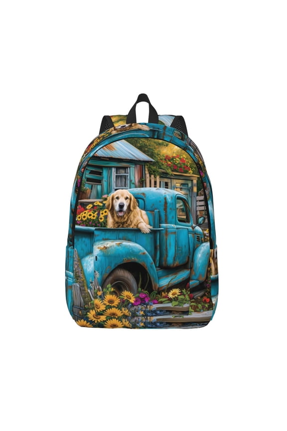 Vintage Pickup Sunflower Dog Printed Canvas Daypack - Stylish and Durable Vintage Compact Backpack - Class, Work, Travel, or Laptop Bookbag,Organized Compartments-Small