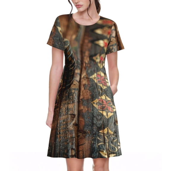 Picia Vintage Poker Chips Pattern Women's Short Sleeve Summer Dress Pleated Loose Swing Knee Length Short Sleeve Swing Dresses