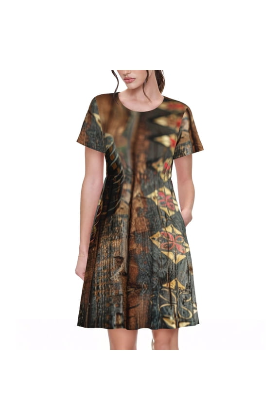 Vintage Poker Chips Pattern Women's Short Sleeve Summer Dress Pleated Loose Swing Knee Length Short Sleeve Swing Dresses