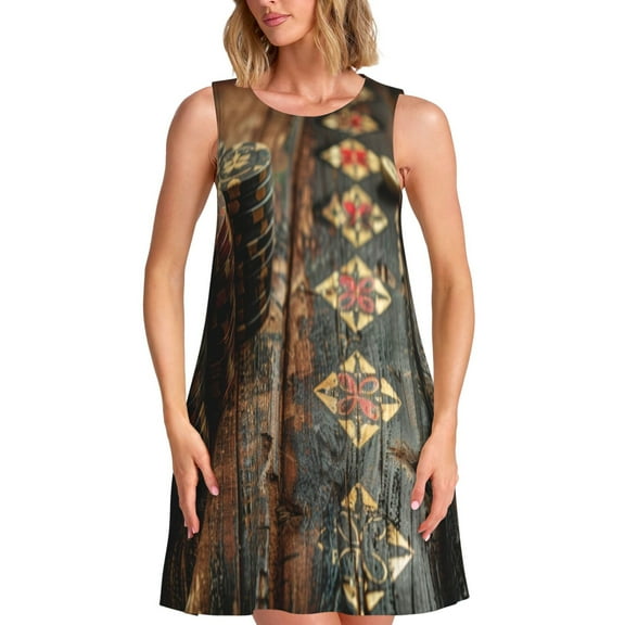 Picia Vintage Poker Chips Print Women’s Sleeveless Midi Swing Dress – A-Line Pleated Tank Sundress, Comfortable and Flowy T-Shirt Dress