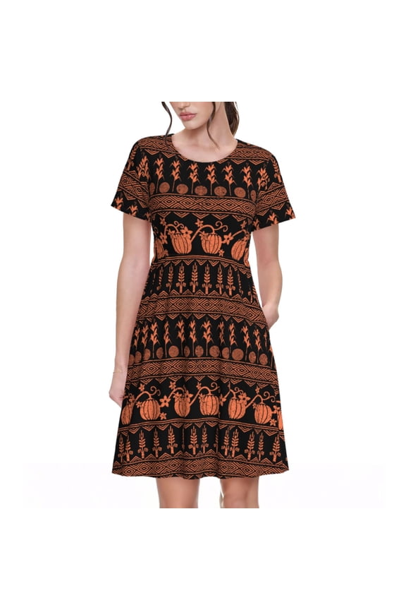 Vintage Pumpkin Pattern Pattern Women's Short Sleeve Summer Dress Pleated Loose Swing Knee Length Short Sleeve Swing Dresses