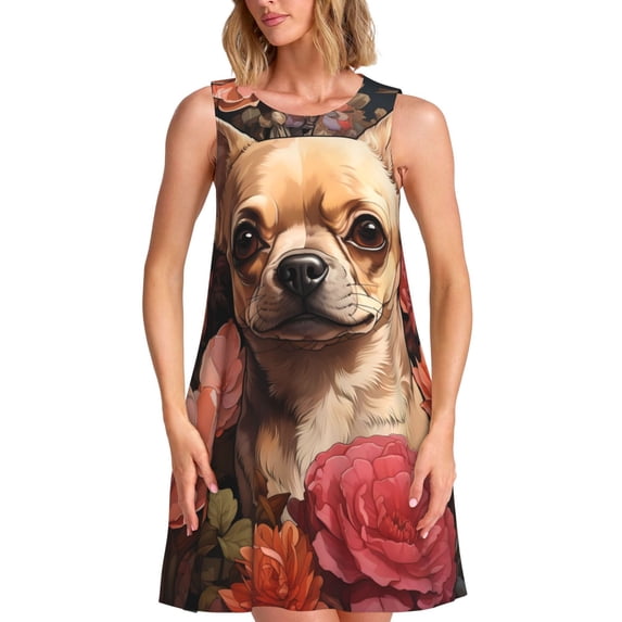 Picia Vintage Red Flower Chihuahua Print Women’s Sleeveless Midi Swing Dress – A-Line Pleated Tank Sundress, Comfortable and Flowy T-Shirt Dress