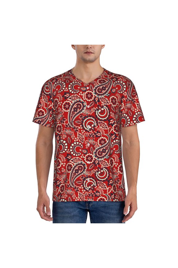 Vintage Red Paisley Pattern Mens Polo Shirts Quick Dry Short Sleeve Golf T Shirt Performance Moisture Wicking Casual Workout Baseball T-shirt-Medium