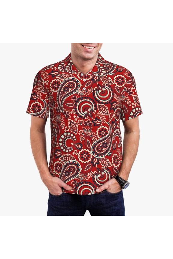 Vintage Red Paisley Print Men's Polo Shirt, Two-Button Closure Pique Polo Shirt, Summer Fashion Golf Shirt-4X-Large