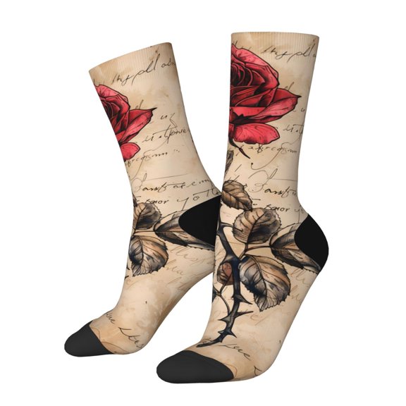 Picia Vintage Rose Botanical Art Print Athletic Socks for Men & Women – Cushioned Moisture-Wicking Crew Socks for Sports, Running, and Training, Soft & Breathable Size 5-11
