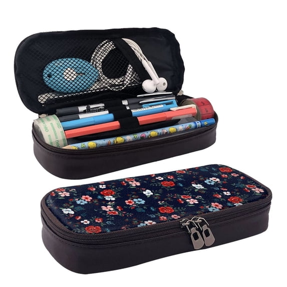 Picia Vintage Rose Pattern Large Capacity PU Leather Pencil Case Organizer Pen Marker Holder Double Zipper Storage Bag Big Pencil Pouch for College Office