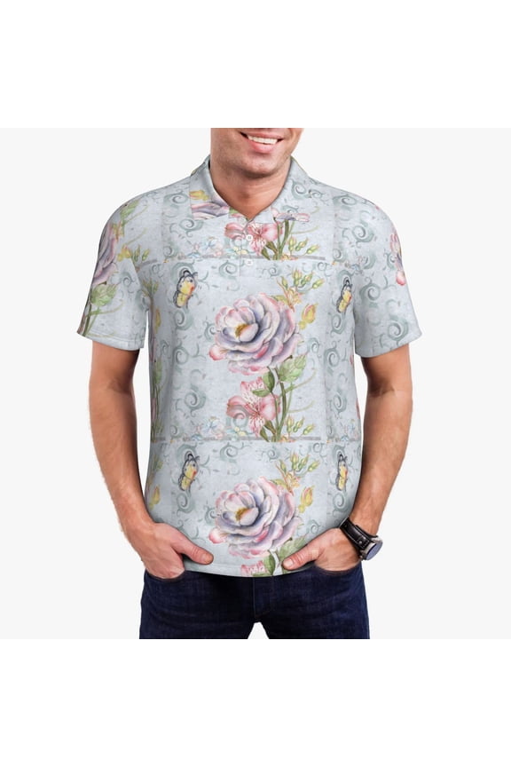 Vintage Rose Print Men's Polo Shirt, Two-Button Closure Pique Polo Shirt, Summer Fashion Golf Shirt-3X-Large