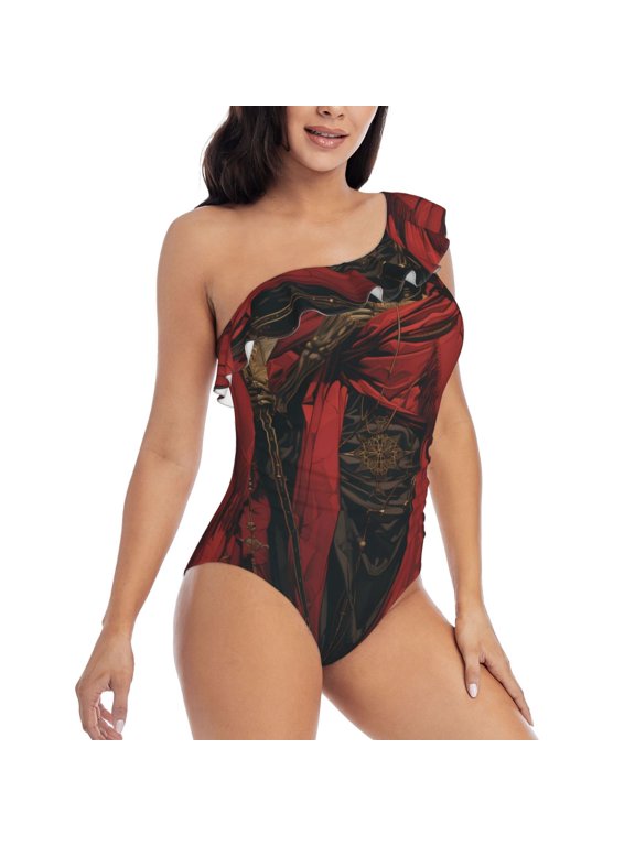 Vintage Rose Scepter Skull Pattern Women's One Piece Swimsuits,One Shoulder Swimwear Asymmetric ,Ruffle Monokinis Bathing Suits,High Waisted Flattering Bathing Suits-XX-Large