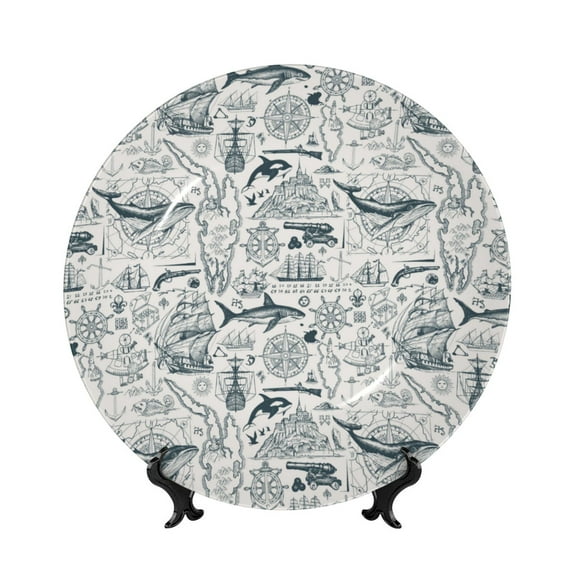 Picia Vintage Sailboats Pattern Bone China Decorative Plate – Wall Decor with Stand and Adhesive, Elegant Ornament for Living Room, Office, or Entryway-10in