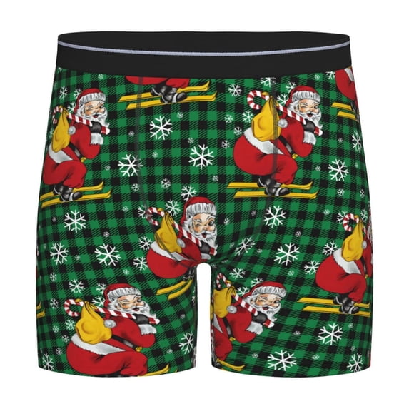 Picia Vintage Santa Skiing Green Plaid Pattern Men's Athletic Long Leg Briefs , Performance Stretch Underwear，Moisture-Wicking