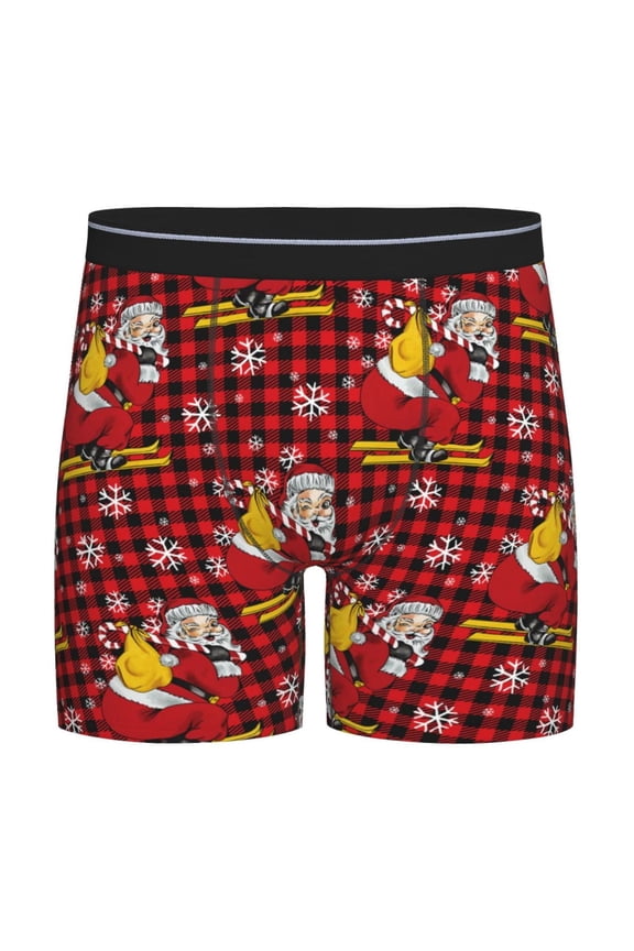 Vintage Santa Skiing Red Plaid Pattern Men's Athletic Long Leg Briefs , Performance Stretch Underwear,Moisture-Wicking