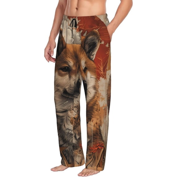 Picia Vintage Shiba Inu Art Mens Soft Woven Cotton Elastic Waistband Sleep Pajama Pant Lounge Sleep Pant With Pockets And Drawstring-Small
