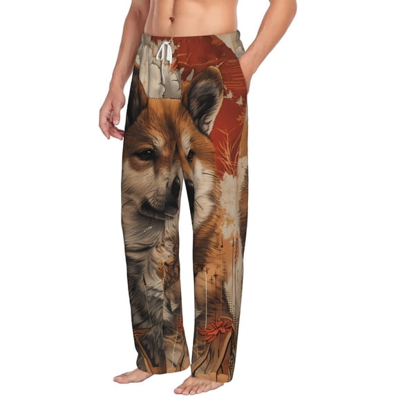 Picia Vintage Shiba Inu Art Mens Soft Woven Cotton Elastic Waistband Sleep Pajama Pant Lounge Sleep Pant With Pockets And Drawstring-X-Large