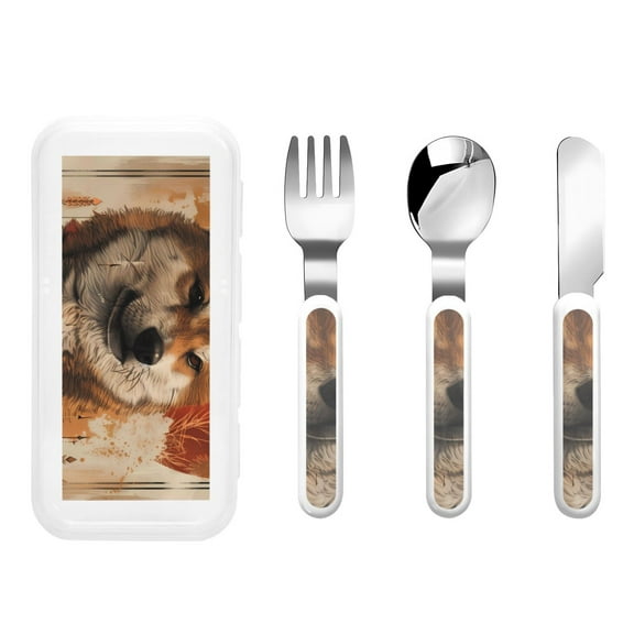 Picia Vintage Shiba Inu Art Print Children's Knife, Fork And Spoon Set - Kids Knife Fork Spoon - Stainless Steel Kids Silverware Set - Metal Kids Cutlery Set