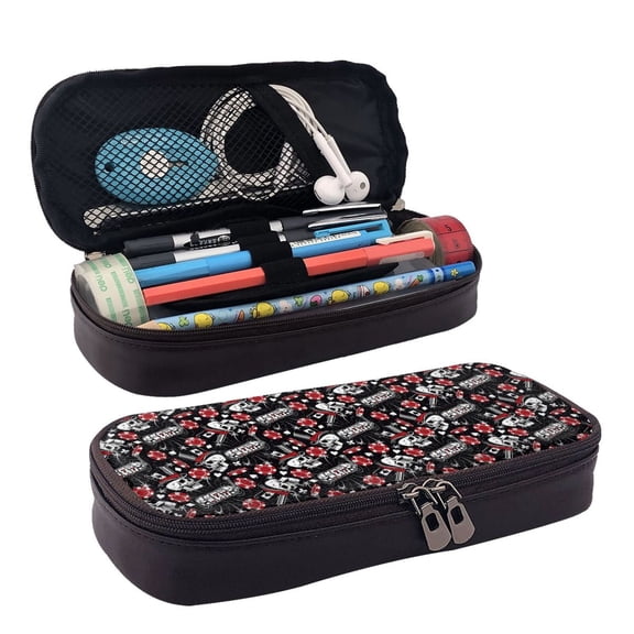 Picia Vintage Skull Casino Pattern Large Capacity PU Leather Pencil Case Organizer Pen Marker Holder Double Zipper Storage Bag Big Pencil Pouch for College Office
