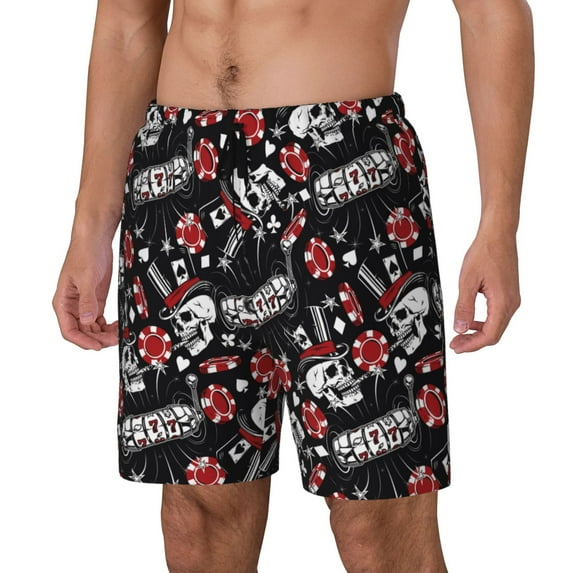 Picia Vintage Skull Casino pattern Mens Swim Trunks with Compression Liner Stretch Beach Shorts Quick Dry with Zipper Pockets No-Chafing Board Shorts-Small