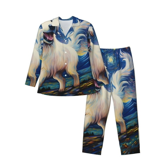 Picia Vintage Starry Sky Puppy Pattern Men’s Long-Sleeve Sleepwear Set - Soft 2-Piece Loungewear with Pockets, Comfy PJs for Relaxing Nights-XX-Large
