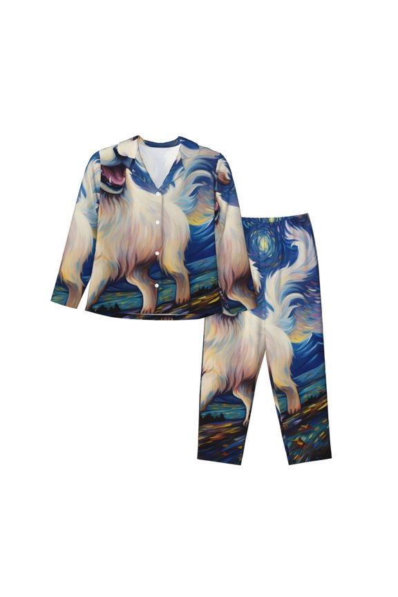 Vintage Starry Sky Puppy Pattern Women’s Long-Sleeve Sleepwear Set - Soft 2-Piece Loungewear with Pockets, Comfy PJs for Relaxing Nights-XX-Large