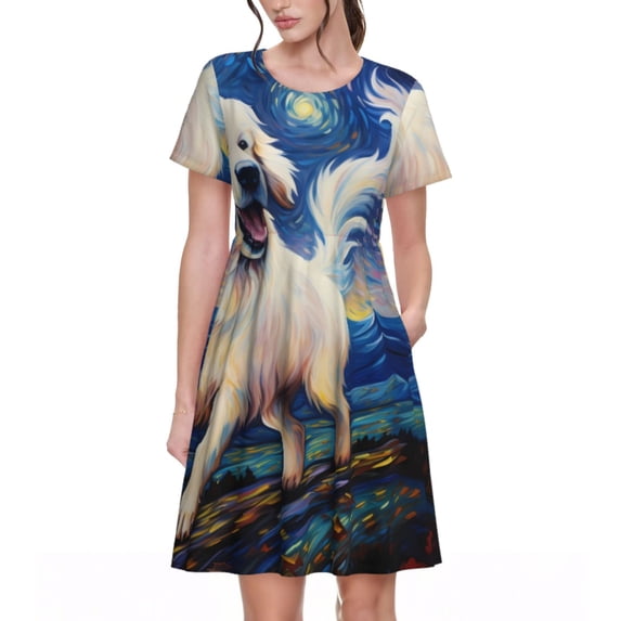 Picia Vintage Starry Sky Puppy Pattern Women's Short Sleeve Summer Dress Pleated Loose Swing Knee Length Short Sleeve Swing Dresses