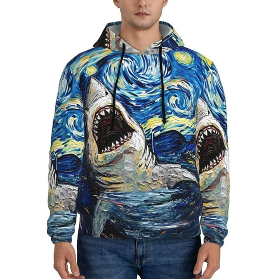 Picia Vintage Starry Sky Shark Pattern Casual Men's Hoodie - Lightweight Hooded Sweatshirt with Kangaroo Pocket, Comfortable Pullover for Everyday, Travel-4X-Large