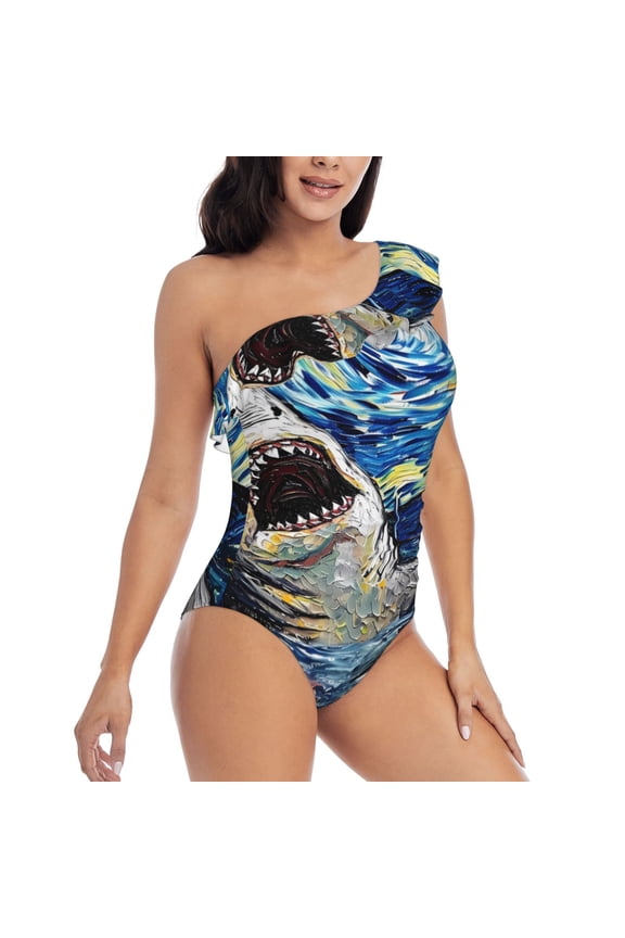 Vintage Starry Sky Shark Pattern Women's One Piece Swimsuits,One Shoulder Swimwear Asymmetric ,Ruffle Monokinis Bathing Suits,High Waisted Flattering Bathing Suits-Small