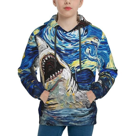 Picia Vintage Starry Sky Shark Pattern Youth Hoodie - Warm Pullover Sweatshirt with Kangaroo Pocket, Ideal for Boys and Girls-Large