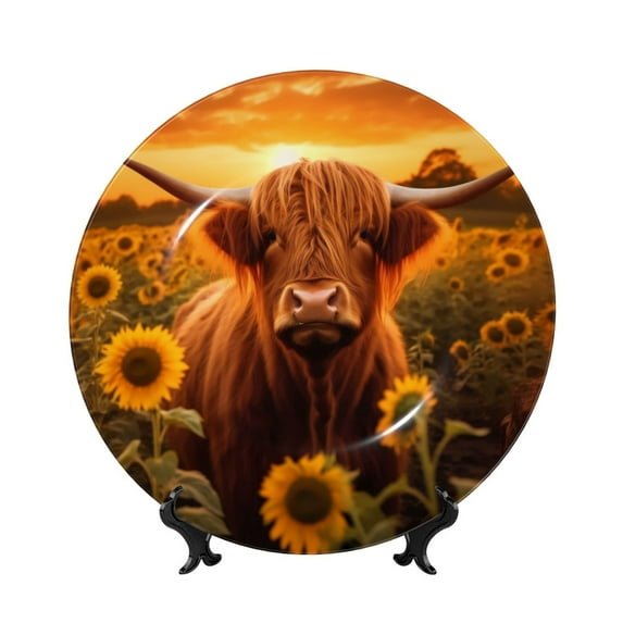 Picia Vintage Sunflower Cow B Pattern Bone China Decorative Plate – Wall Decor with Stand and Adhesive, Elegant Ornament for Living Room, Office, or Entryway-10in