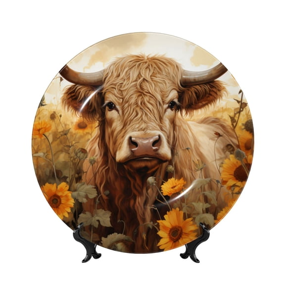 Picia Vintage Sunflower Cow Pattern Bone China Decorative Plate – Wall Decor with Stand and Adhesive, Elegant Ornament for Living Room, Office, or Entryway-10in