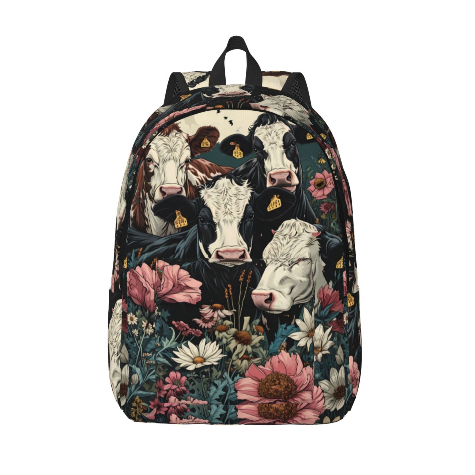 Picia Vintage Sunflower Cow Printed Canvas Daypack - Stylish and Durable Vintage Compact Backpack - Class, Work, Travel, or Laptop Bookbag,Organized Compartments-Medium