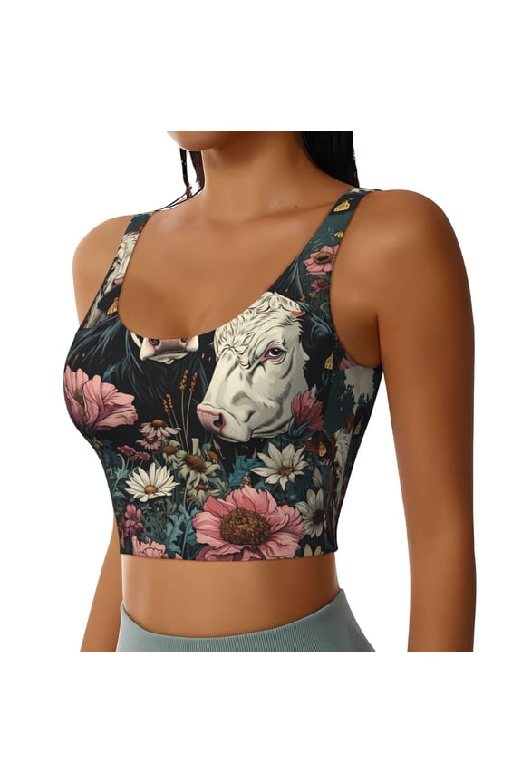 Vintage Sunflower Cow Sports Bra for Women,Padded Strappy Sports Bras Medium Support Yoga Bra with Removable Cups,Running Yoga Bra-Medium