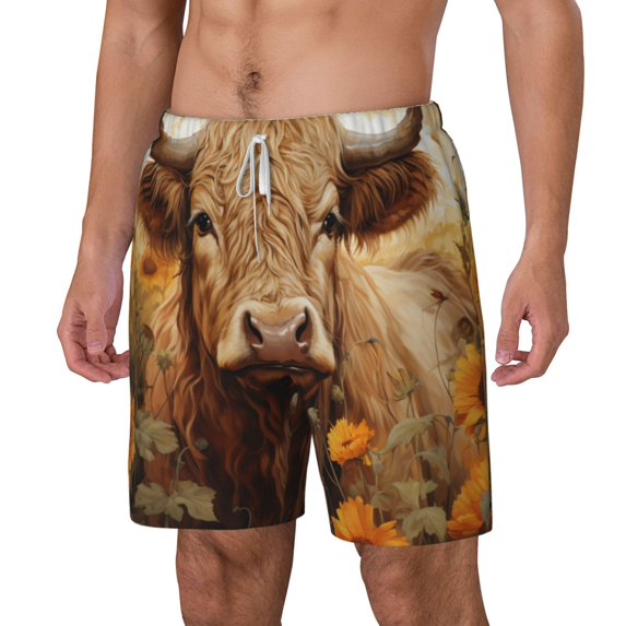 Picia Vintage Sunflower Cow pattern Mens Swim Trunks with Compression Liner Stretch Beach Shorts Quick Dry with Zipper Pockets No-Chafing Board Shorts-Medium