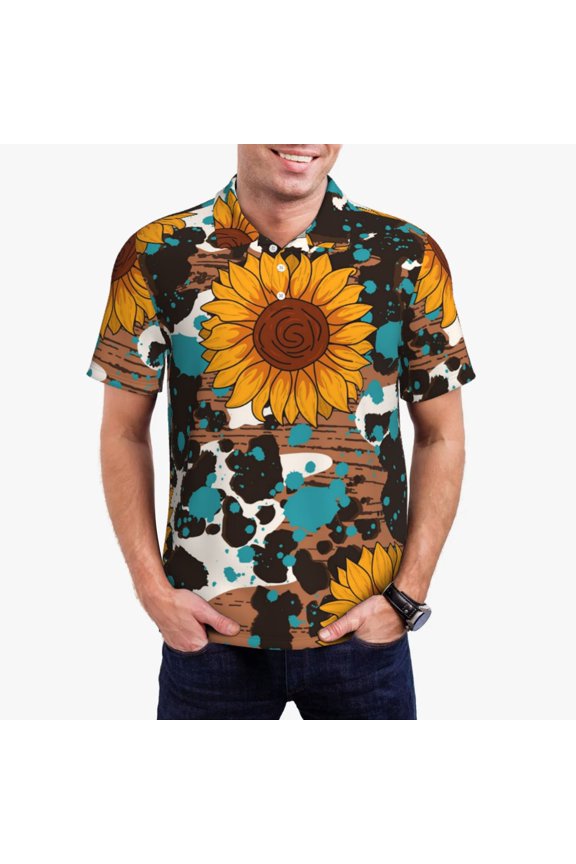 Vintage Sunflowes Print Men's Polo Shirt, Two-Button Closure Pique Polo Shirt, Summer Fashion Golf Shirt-Small