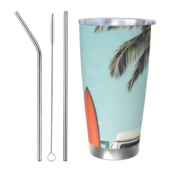 Picia Vintage Surf Van Beach Pattern 20 oz Tumbler Stainless Steel Vacuum Insulated Coffee Ice Cup Double Wall Travel Flask Dual Lid Water Bottle, Eco-friendly Car Cup-Straw Three-piece Set