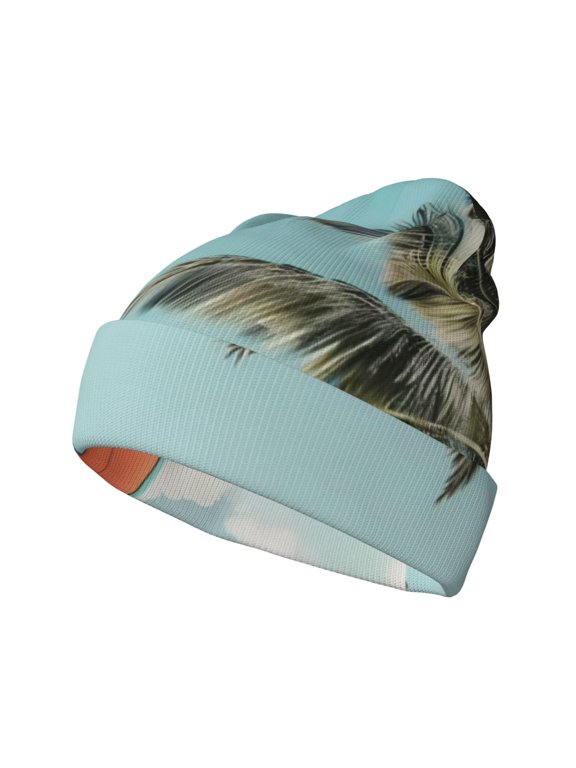 Vintage Surf Van Beach Pattern Knitted Beanie Hat for Men and Women , Unisex Winter Warm Stretchy Knit Cap Thick Fisherman Beanies Cuffed Plain Skull Caps