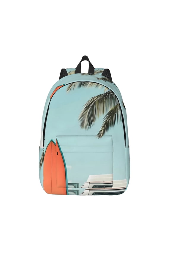 Vintage Surf Van Beach Printed Canvas Daypack - Stylish and Durable Vintage Compact Backpack - Class, Work, Travel, or Laptop Bookbag,Organized Compartments-Small