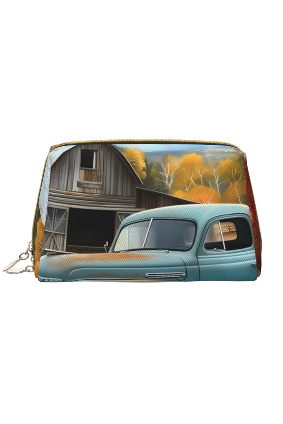 Vintage Truck Farm Scene Print Leather Makeup Bag Make Up Bag Travel Toiletry Bag for Her Girlfriend Teacher Teen Girl Gifts