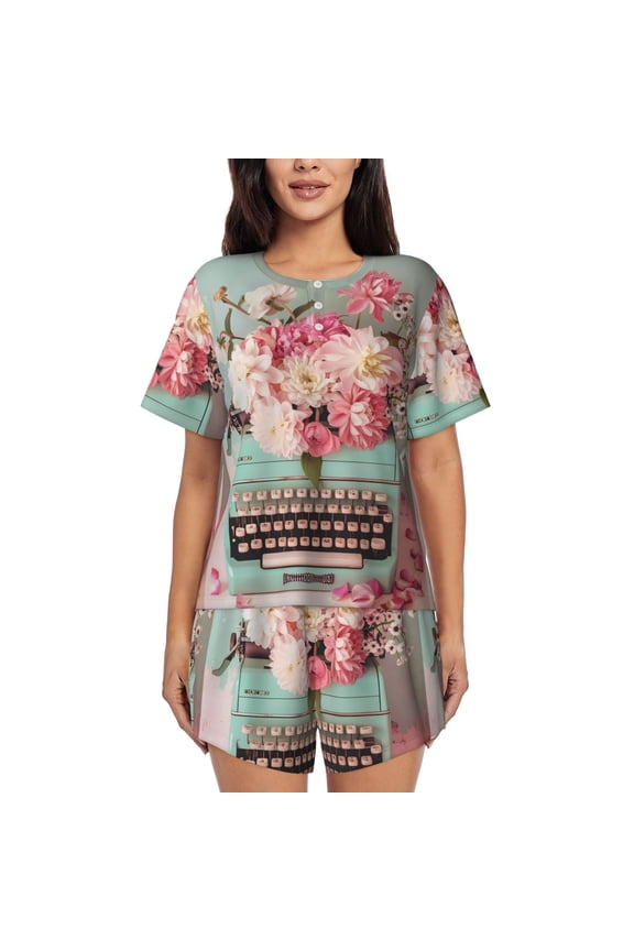 Vintage Typewriter Floral Pajamas Sets for Women Soft Short-Sleeved Pjs with Lounge Shorts Two Piece Sleepwear-XX-Large