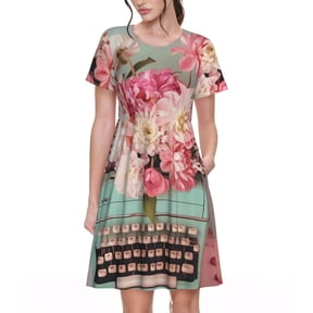 Picia Vintage Typewriter Floral Pattern Women's Short Sleeve Summer Dress Pleated Loose Swing Knee Length Short Sleeve Swing Dresses