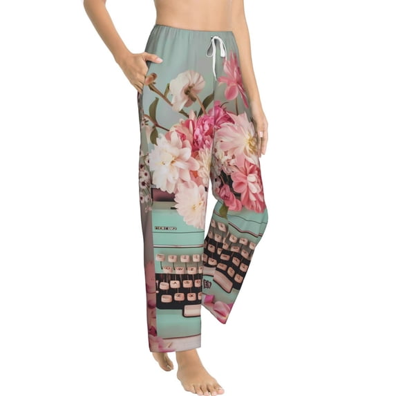 Picia Vintage Typewriter Floral Womens Soft Woven Cotton Elastic Waistband Sleep Pajama Pant Lounge Sleep Pant With Pockets And Drawstring-Medium