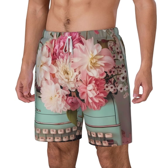 Picia Vintage Typewriter Floral pattern Mens Swim Trunks with Compression Liner Stretch Beach Shorts Quick Dry with Zipper Pockets No-Chafing Board Shorts-Large