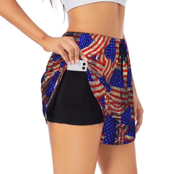 Picia Vintage USA Flag Pattern Women's 2 in 1 Athletic Running Shorts High Waisted Workout Casual Gym Sweat Shorts with Comfy Liner Zipper Pockets-XX-Large