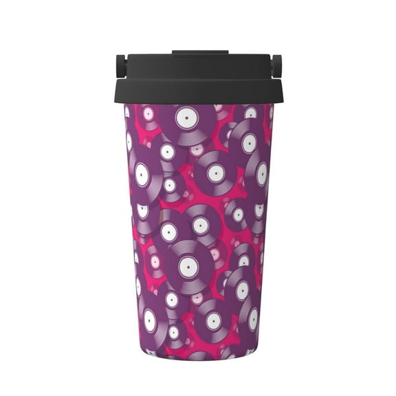 Picia Vintage Vinyl Record Pattern 500ml Carry Insulated Coffee Mug, Stainless Steel Travel Mug with Hidden Handle, Leak-Proof for Car, Office, Home, and Outdoor Use
