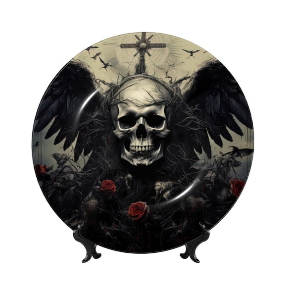 Picia Vintage Winged Rose Skull Pattern Bone China Decorative Plate – Wall Decor with Stand and Adhesive, Elegant Ornament for Living Room, Office, or Entryway-7in