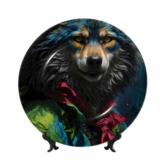 Picia Vintage Wolf Warrior Pattern Bone China Decorative Plate – Wall Decor with Stand and Adhesive, Elegant Ornament for Living Room, Office, or Entryway-7in
