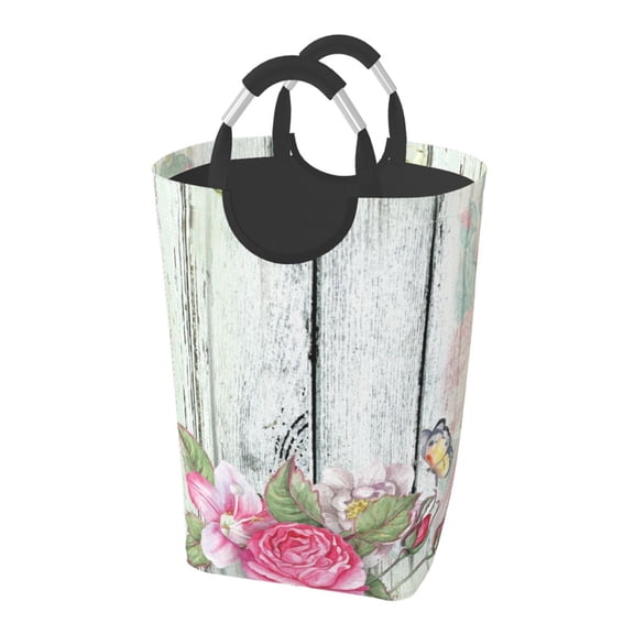 Picia Vintage Wood with Floral Laundry Basket With Handles Laundry Hamper Toys Storage Organizer Foldable Bucket Washing Bin Dirty Clothes Bag For Home Bathroom Bedroom Dorm